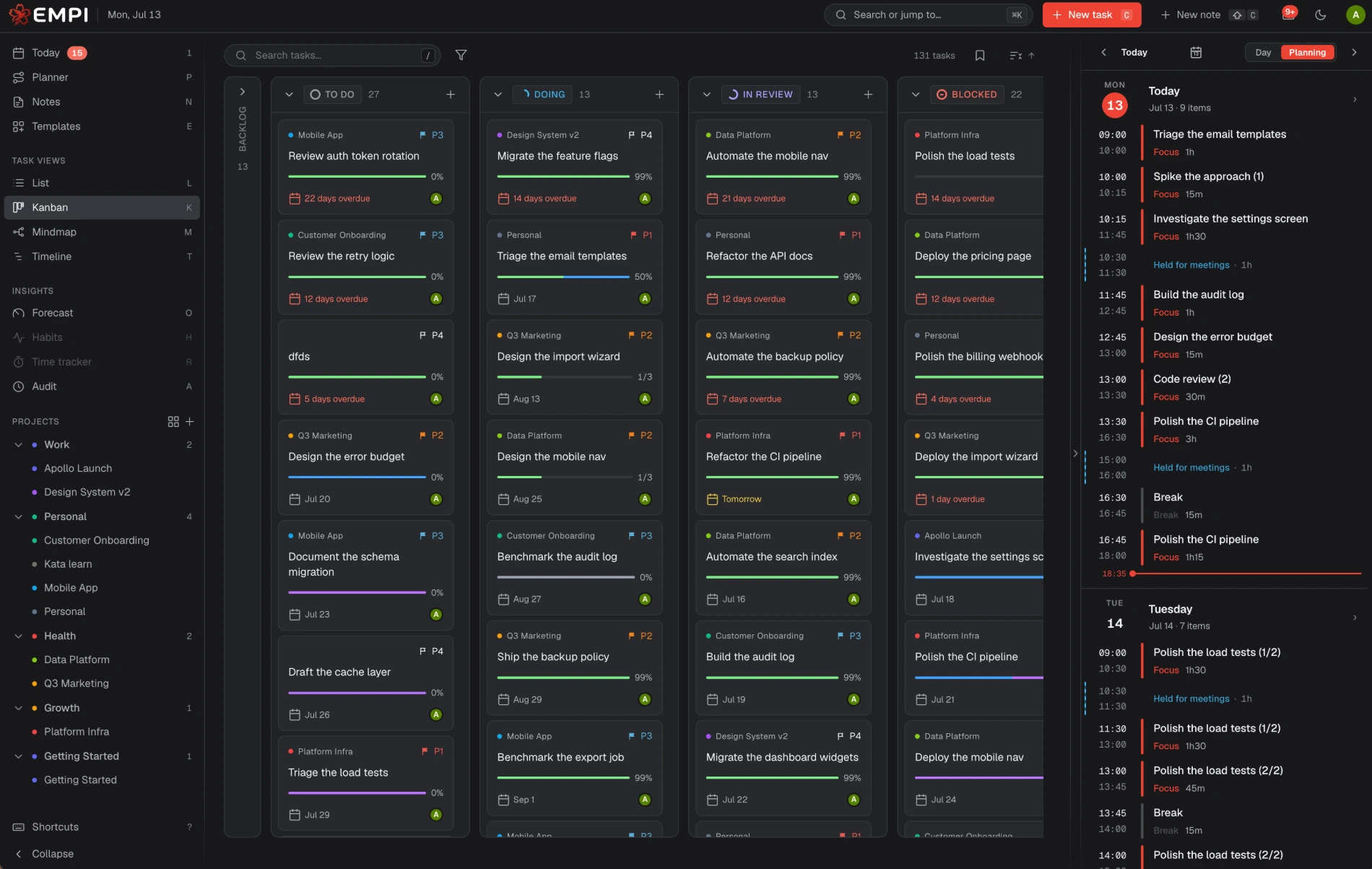 Tableau Kanban d'Empi avec des colonnes de statut