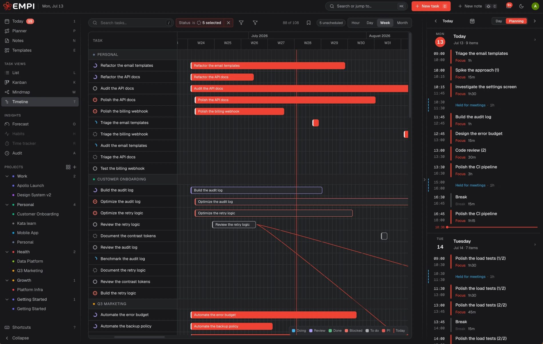 Vue Chronologie / Gantt d'Empi avec des lignes de dépendance